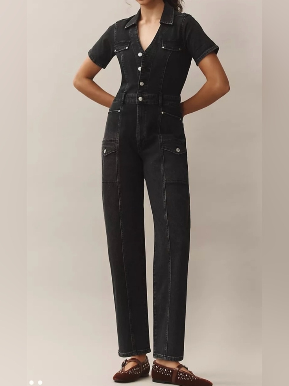 PAIGE Alexis Barrel Cargo Denim Jumpsuit